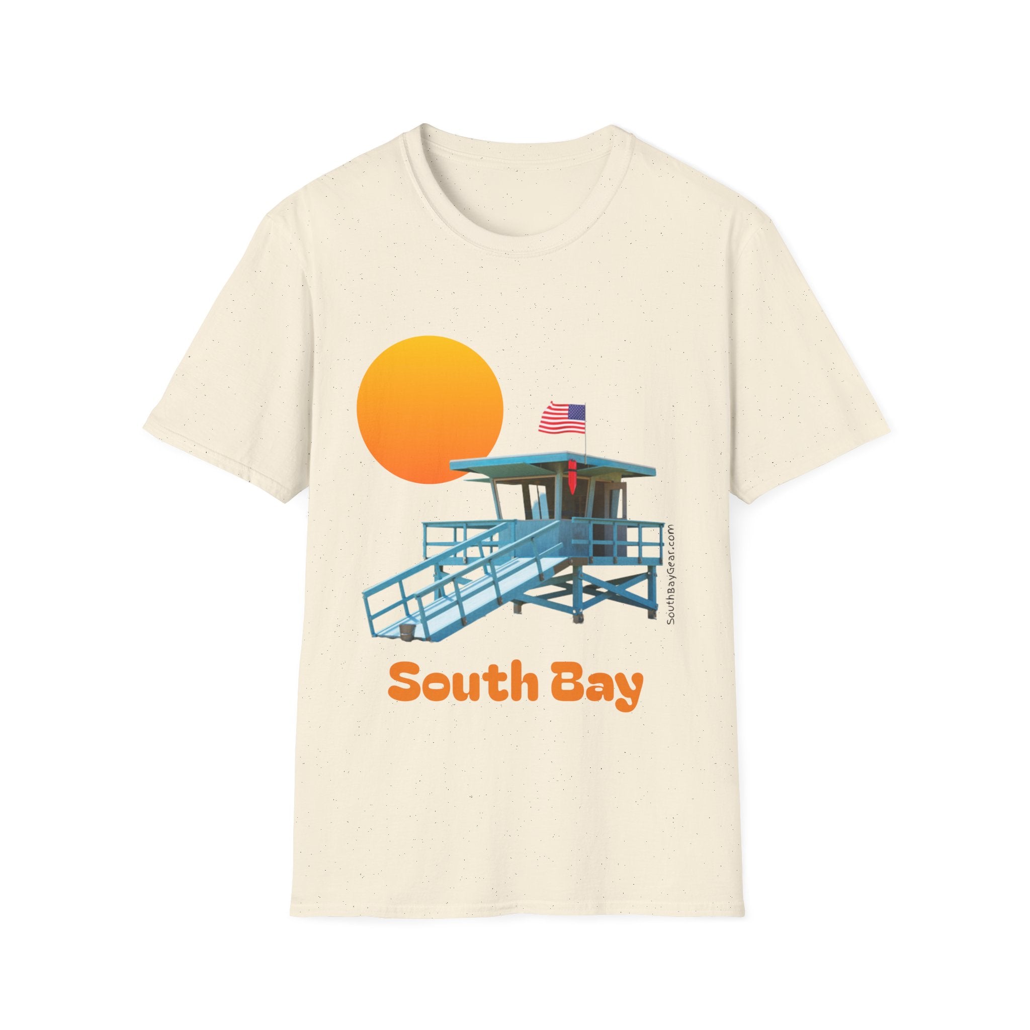 South Bay Lifeguard Stand with American Flag Beach Scene M/W Softstyle T-Shirt