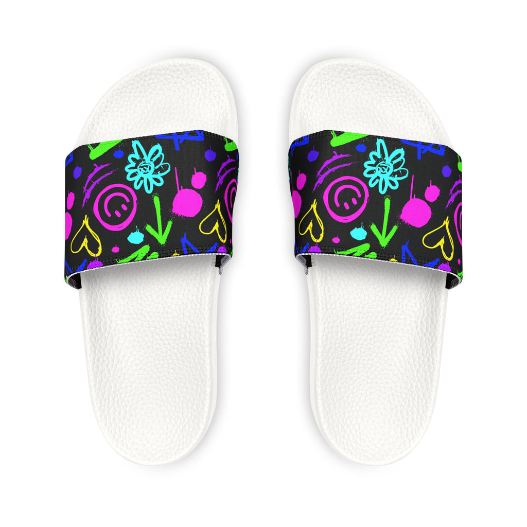 Neon Doodle Hearts and Flowers Youth Sandals | Removable Strap Slides