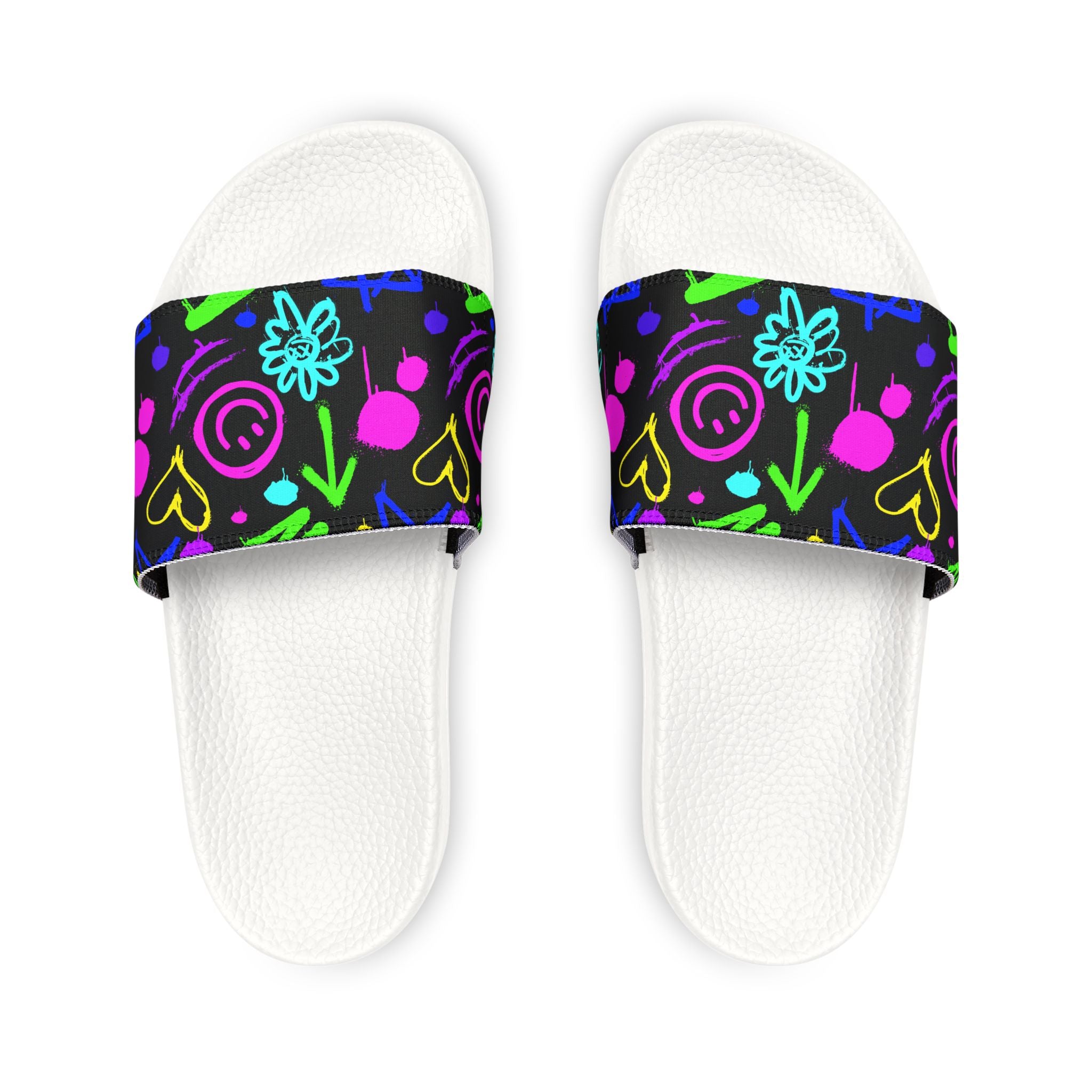Neon Doodle Hearts and Flowers Youth Sandals | Removable Strap Slides