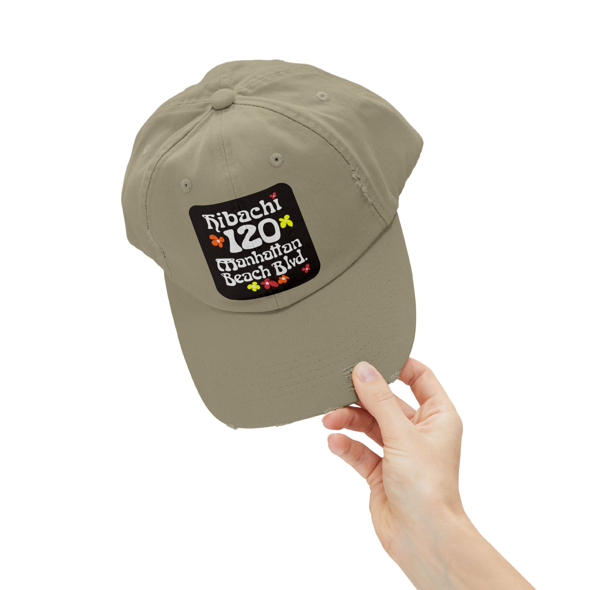 Distressed Cap — Hibachi 120 Manhattan Beach Blvd. Retro Floral Hat "Gone But Not Forgotten" #OldSchool