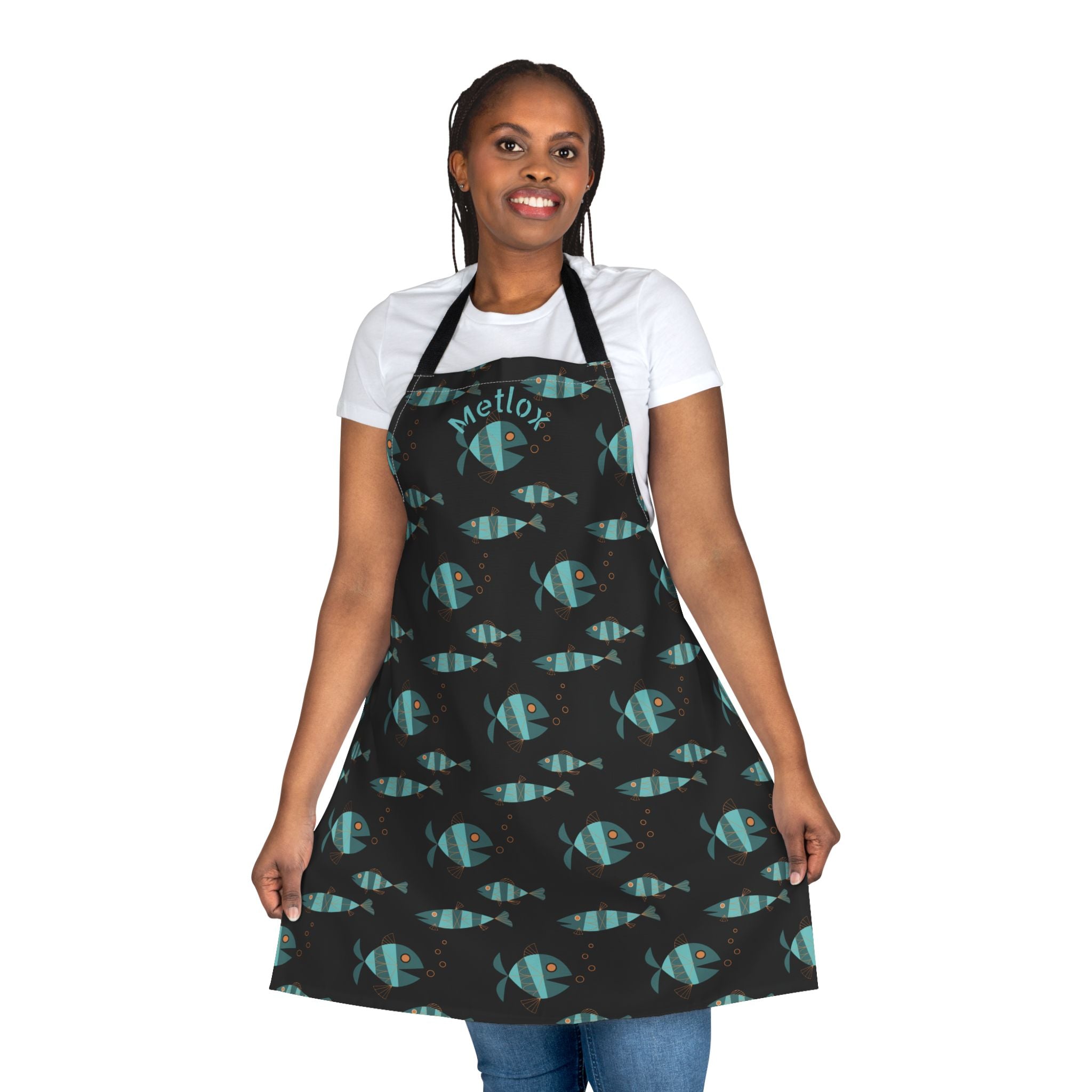 Metlox Pottery Teal Fish Pattern Apron | Nautical Kitchen Cooking Apron