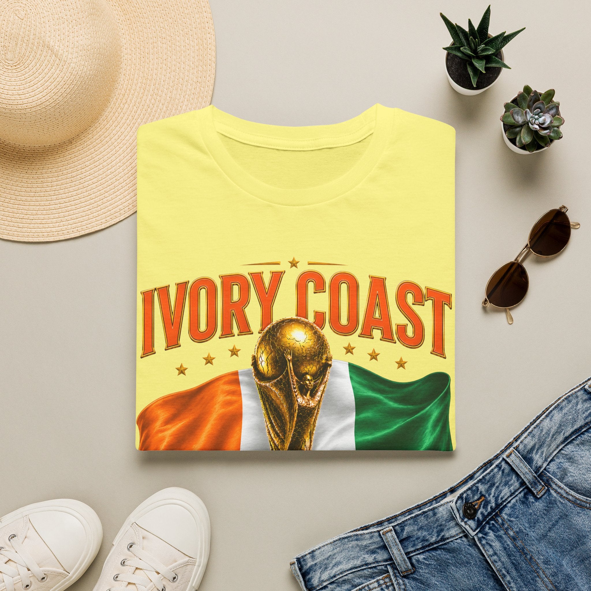 Ivory Coast 2026 World Cup T‑Shirt — FIFA Trophy & Flag Soccer Fan Tee