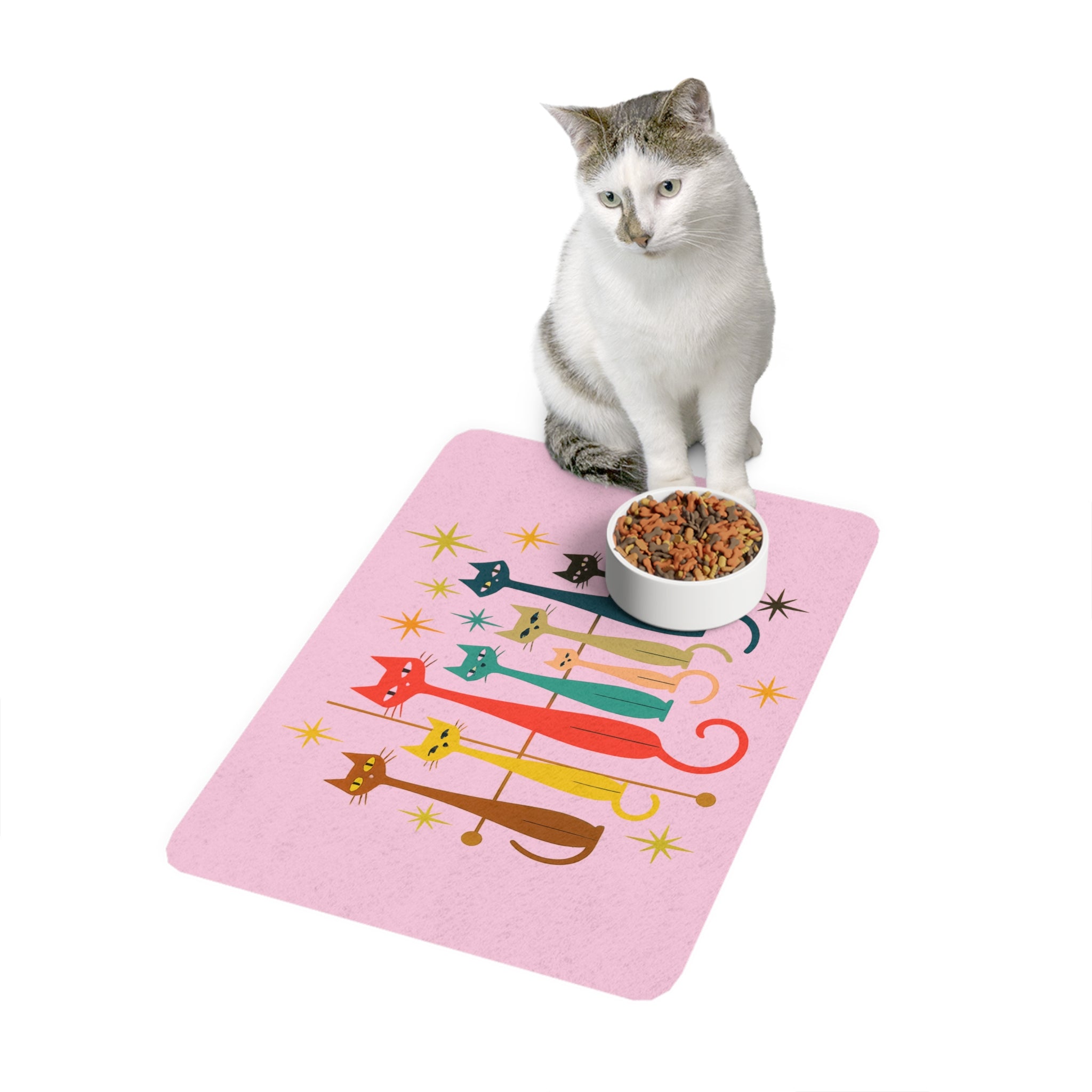 Retro Mid Century Cats Pet Food Mat | 12x18 Cat Feeding Placemat