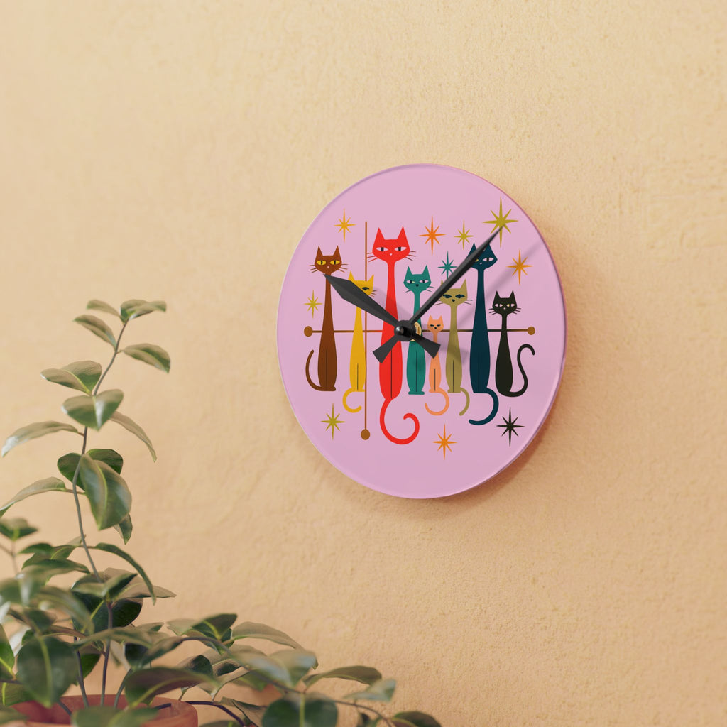 Retro Mid-Century Stylized Cats Acrylic Wall Clock | Pink Atomic Starburst