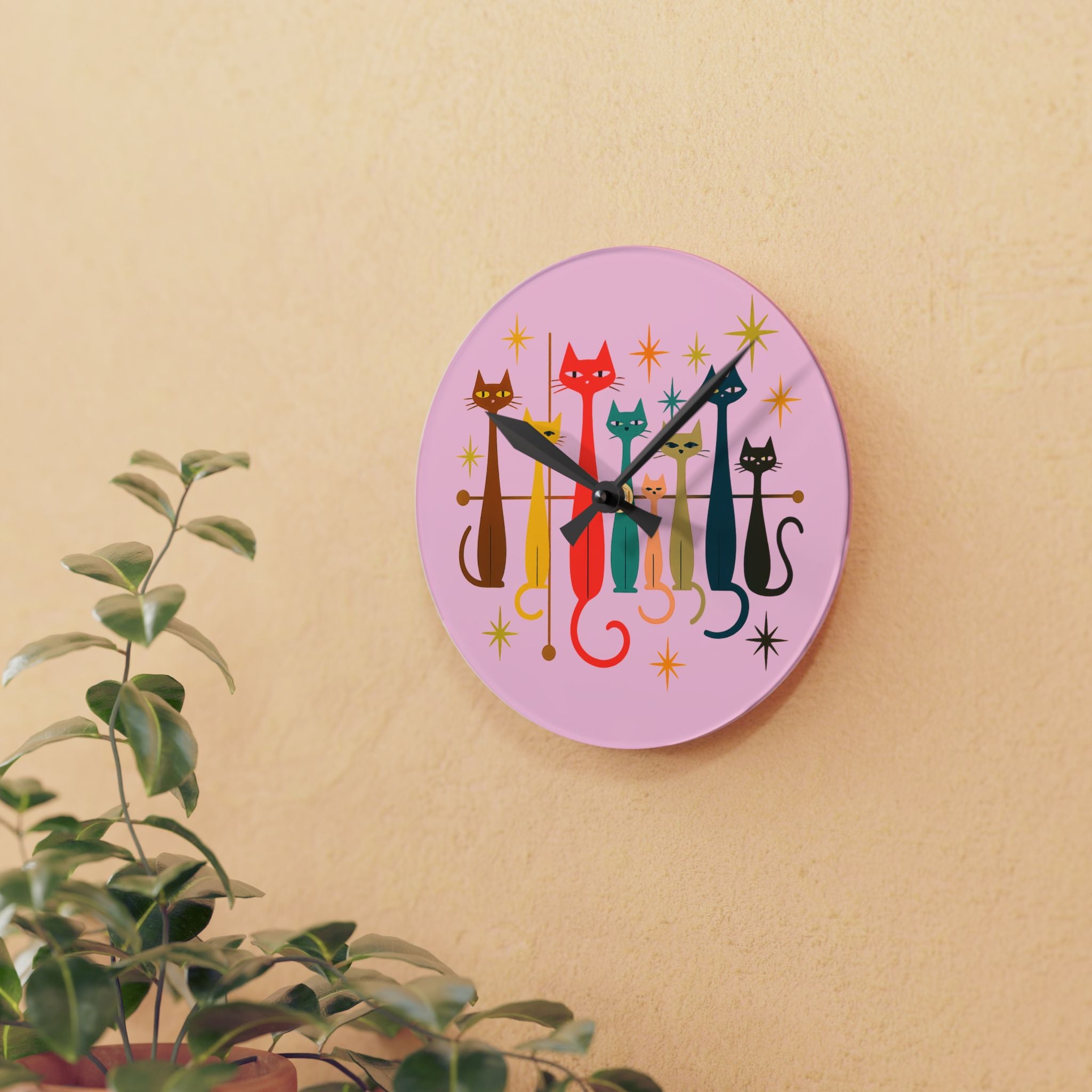 Retro Mid-Century Stylized Cats Acrylic Wall Clock | Pink Atomic Starburst