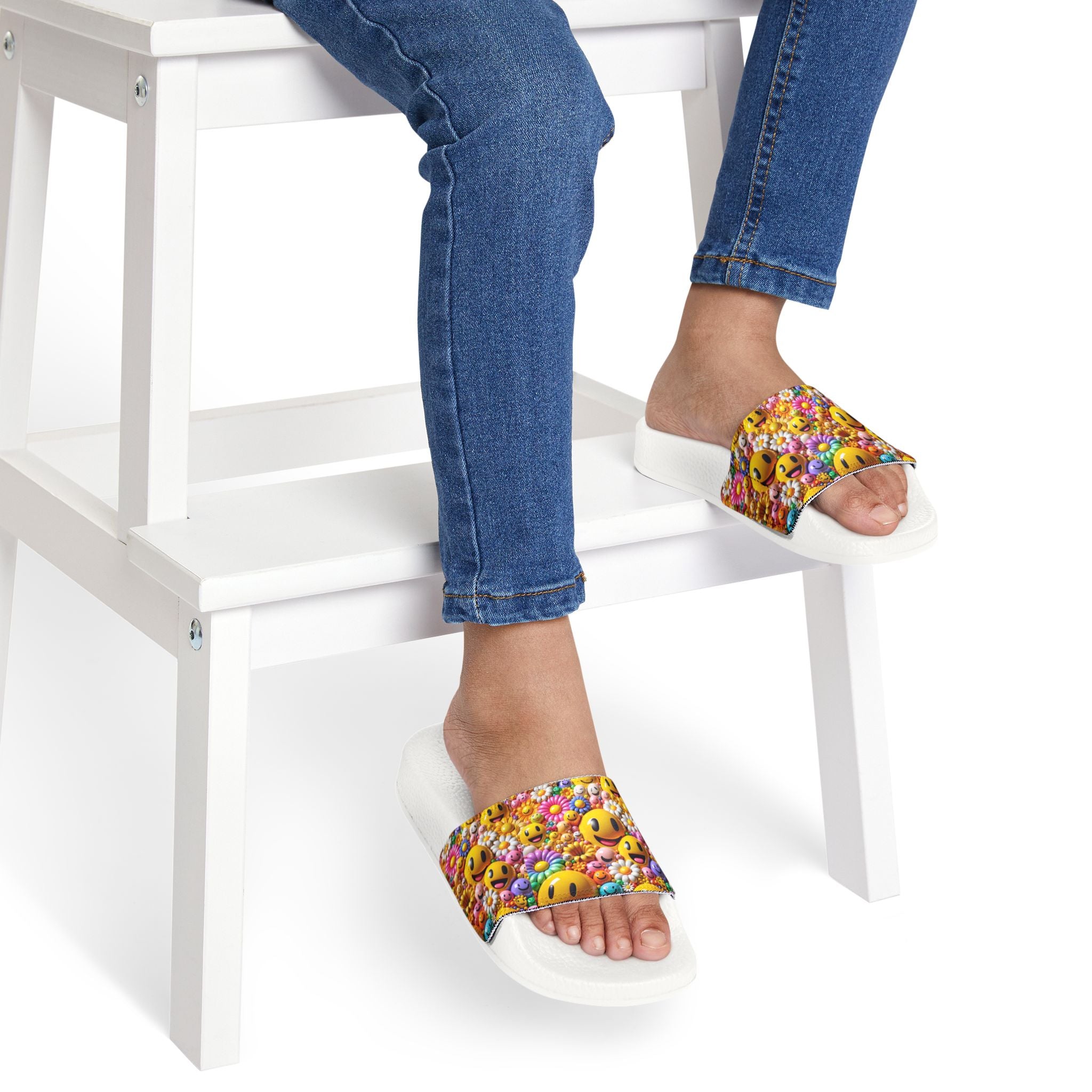 Smiley Flower Pattern Sandals | Youth Slides with Emoji Floral Strap