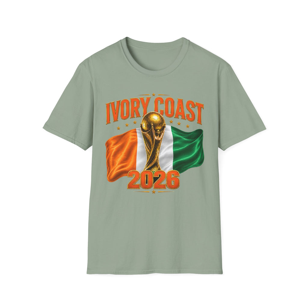 Ivory Coast 2026 World Cup T‑Shirt — FIFA Trophy & Flag Soccer Fan Tee