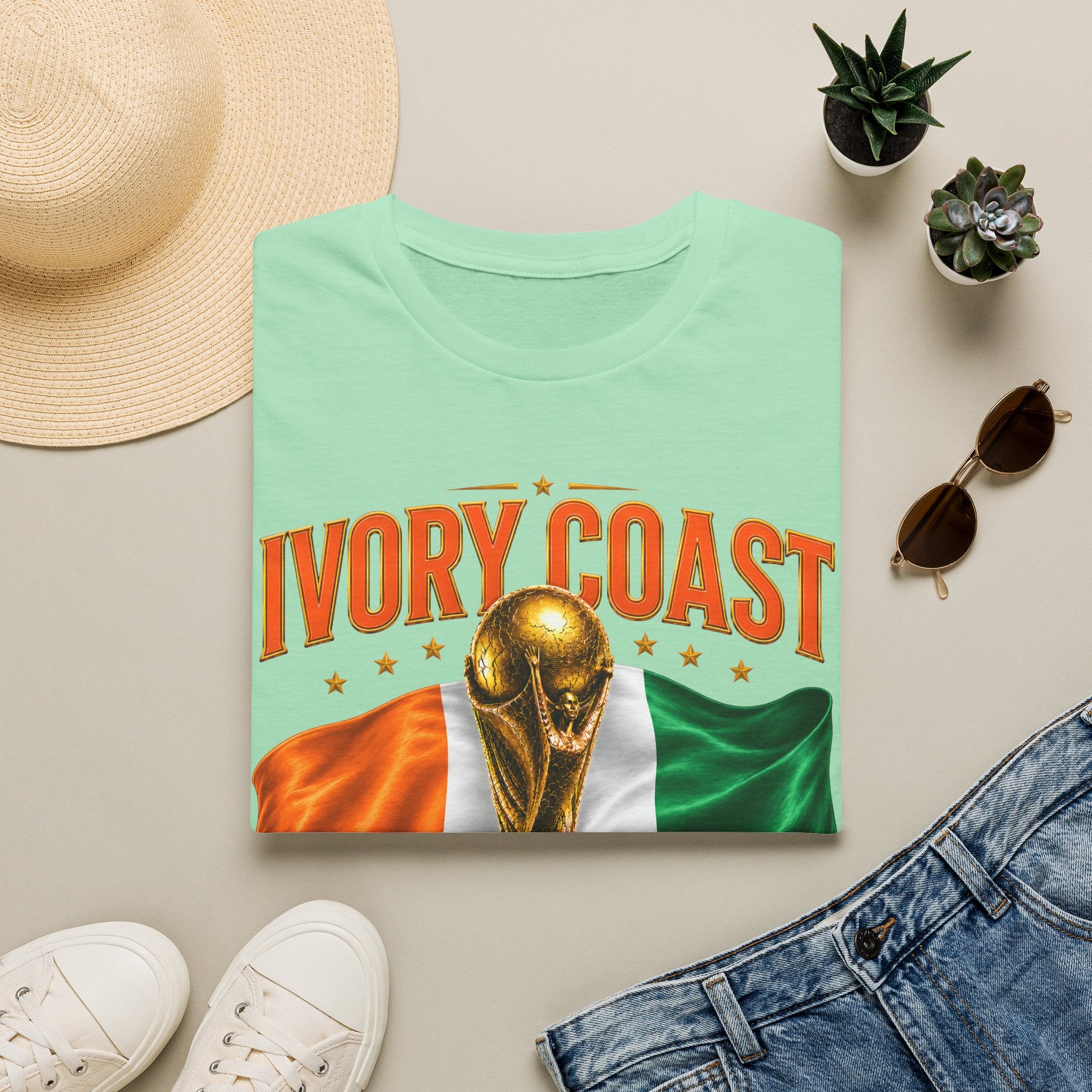 Ivory Coast 2026 World Cup T‑Shirt — FIFA Trophy & Flag Soccer Fan Tee