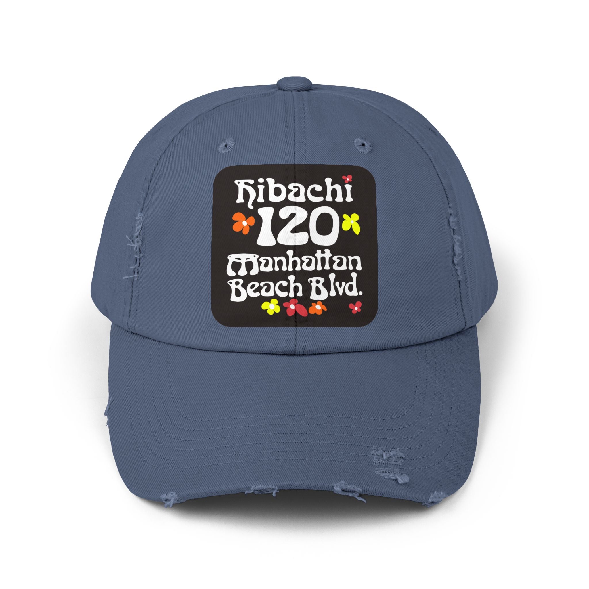 Distressed Cap — Hibachi 120 Manhattan Beach Blvd. Retro Floral Hat "Gone But Not Forgotten" #OldSchool