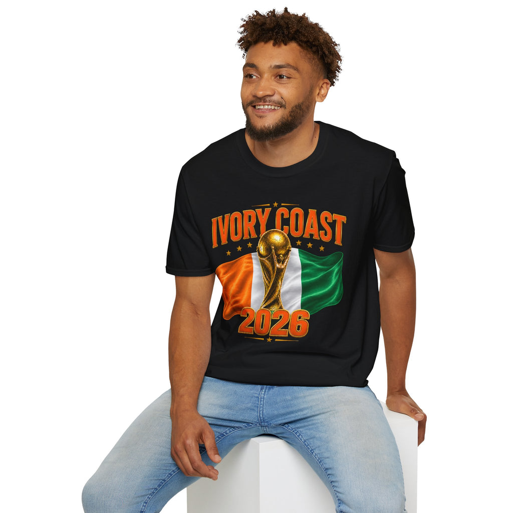 Ivory Coast 2026 World Cup T‑Shirt — FIFA Trophy & Flag Soccer Fan Tee