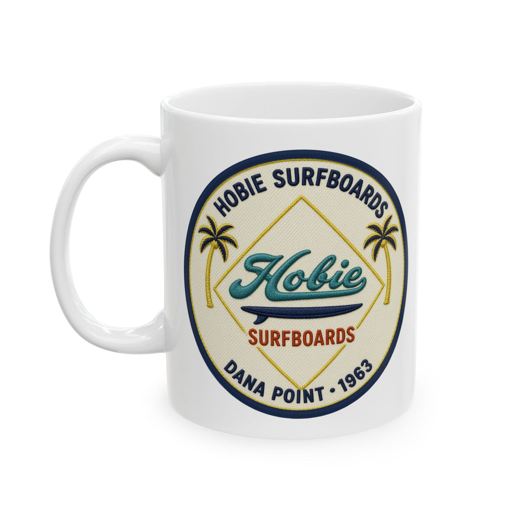 Vintage Beach Club Hobie Surfboards Ceramic Mug – Retro Palm Tree Surf Emblem Since 1963  (11oz, 15oz)