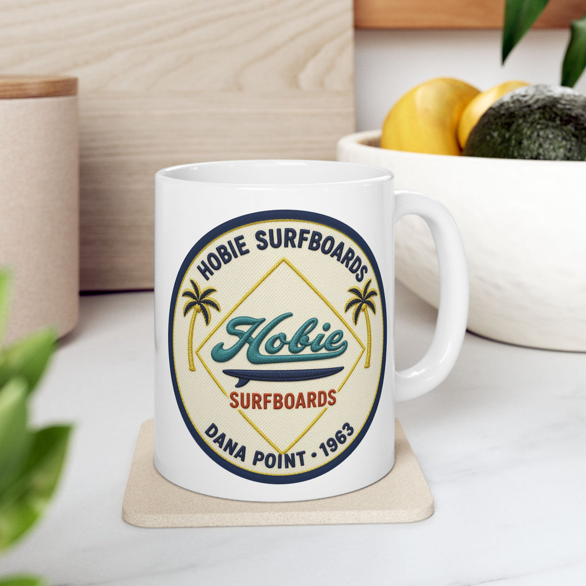 Vintage Beach Club Hobie Surfboards Ceramic Mug – Retro Palm Tree Surf Emblem Since 1963  (11oz, 15oz)