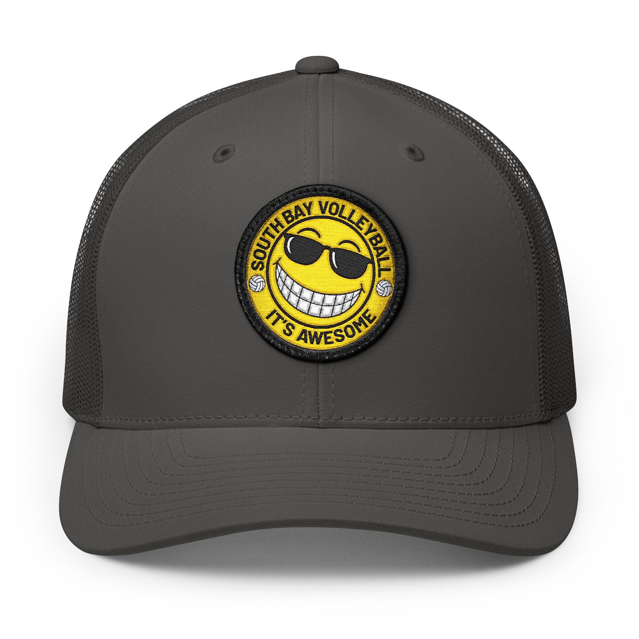 Embroidered Smiley Patch Trucker Hat — 'Smile, It's Awesome' Snapback