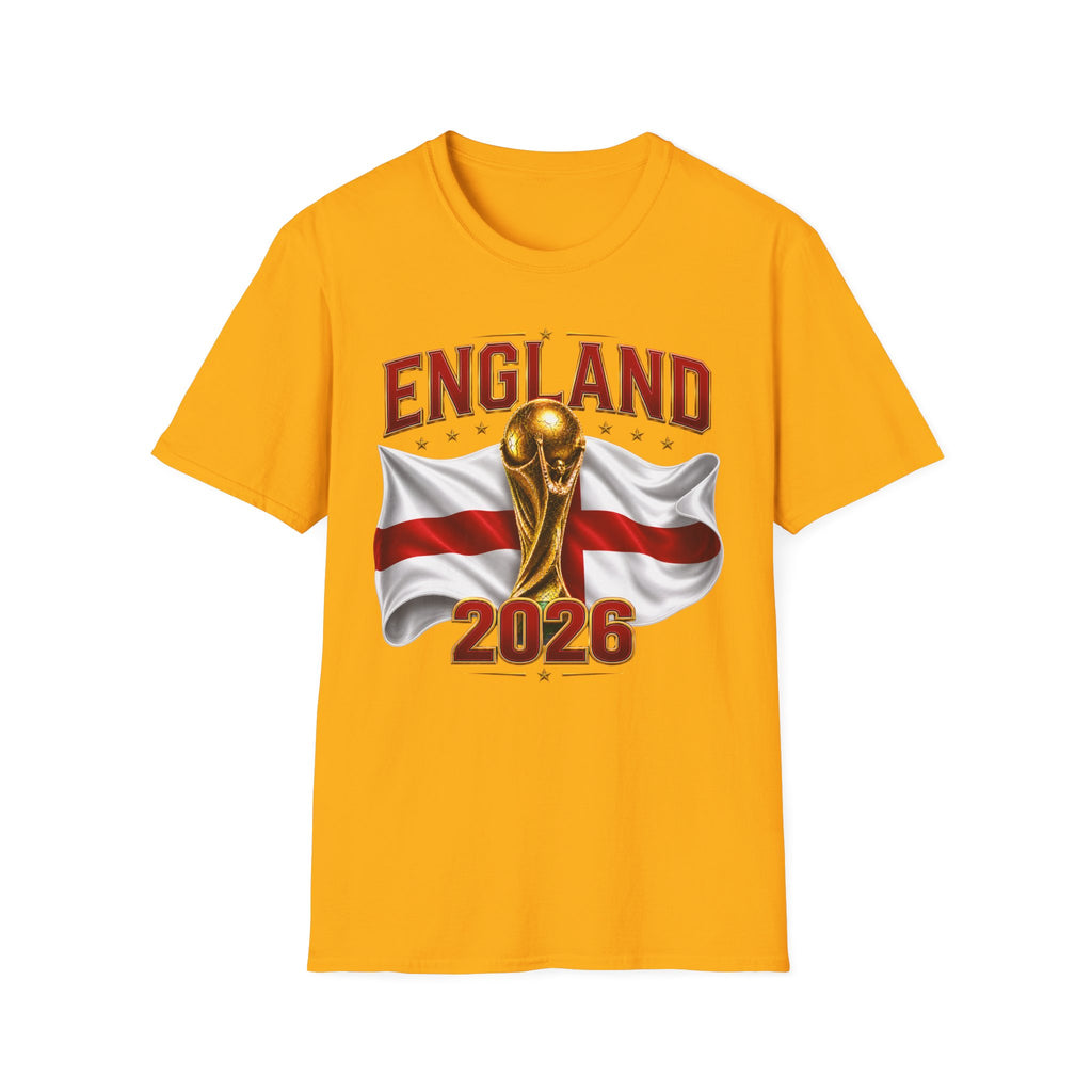 England 2026 World Cup T-Shirt — Gold Trophy & St George’s Flag Soccer Fan Tee