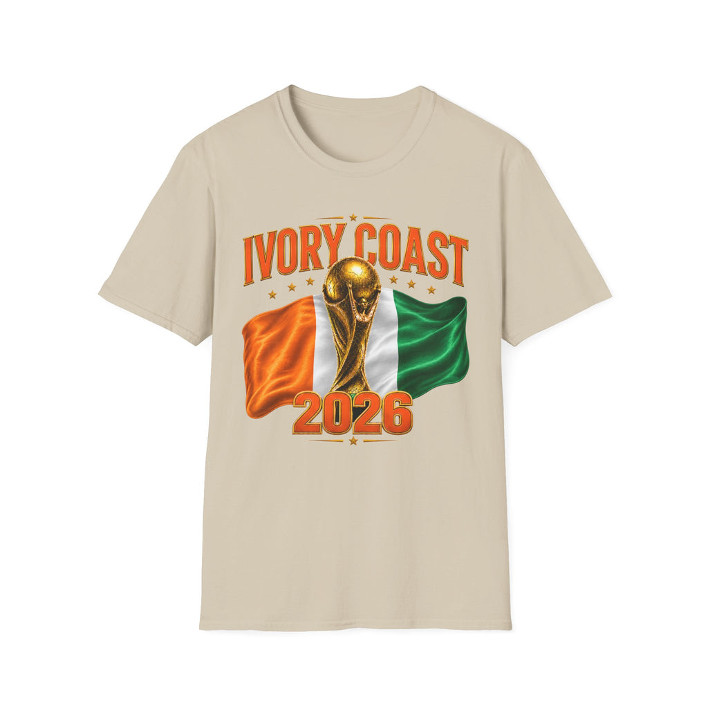 Ivory Coast 2026 World Cup T‑Shirt — FIFA Trophy & Flag Soccer Fan Tee