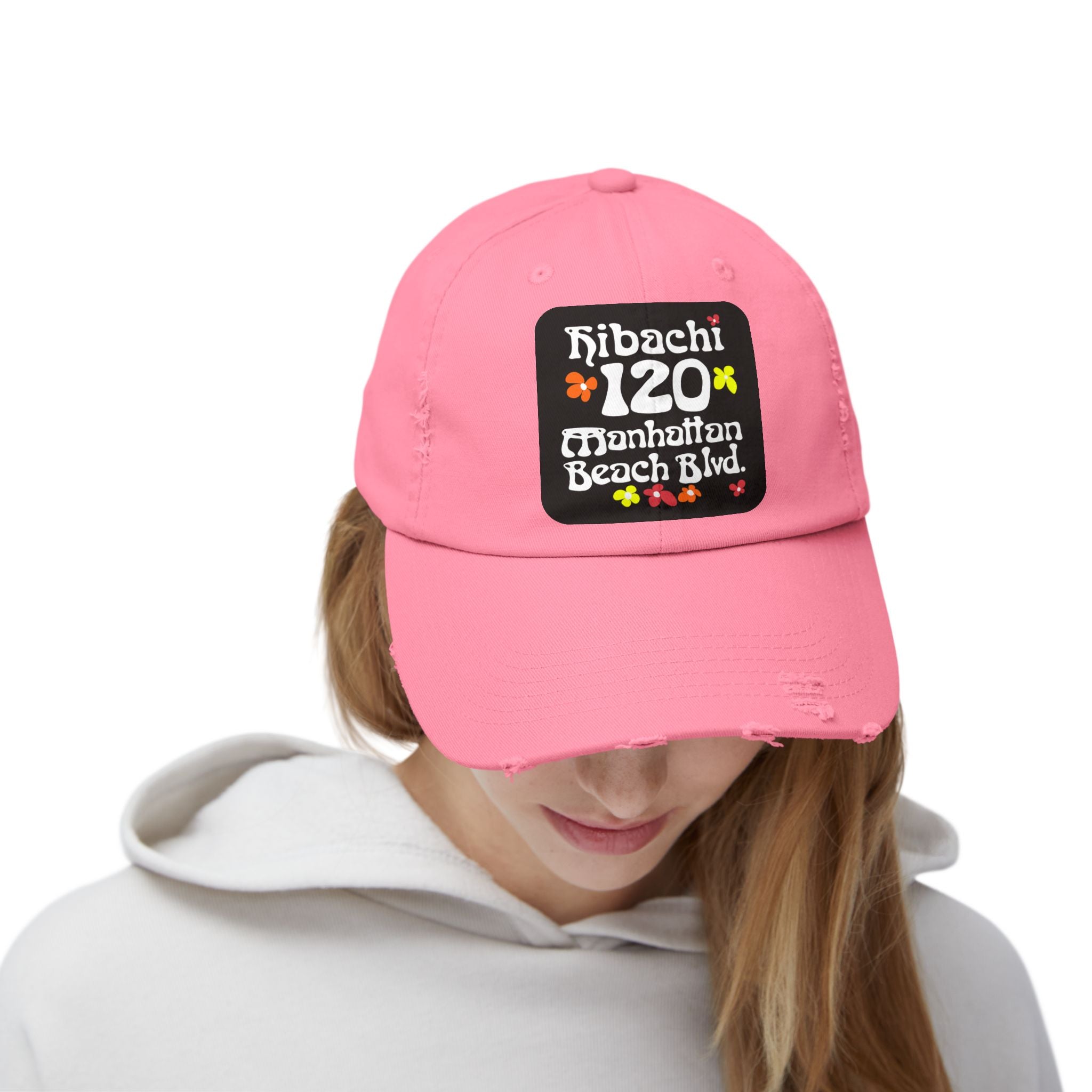 Distressed Cap — Hibachi 120 Manhattan Beach Blvd. Retro Floral Hat "Gone But Not Forgotten" #OldSchool