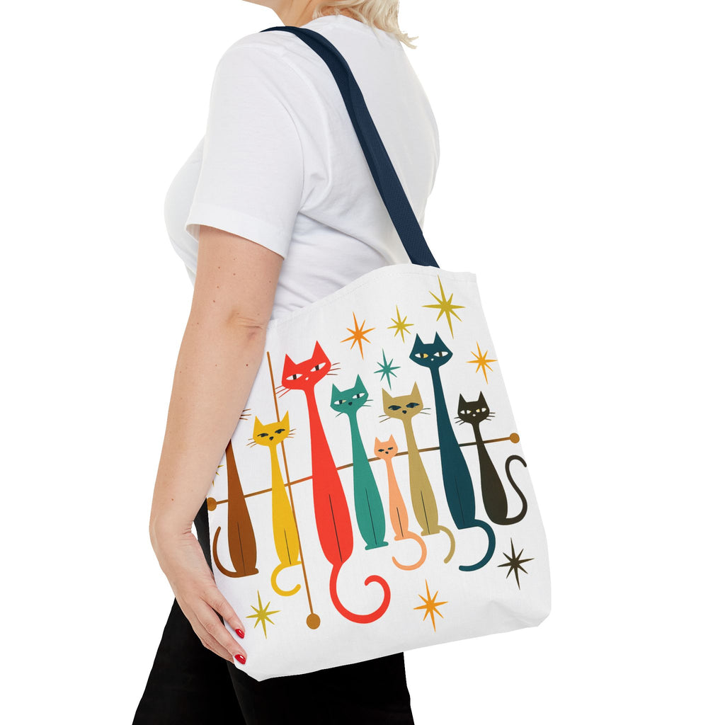 Retro Long Cats Tote Bag | Colorful Mid-Century Cat Pattern
