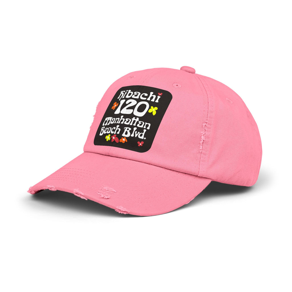 Distressed Cap — Hibachi 120 Manhattan Beach Blvd. Retro Floral Hat "Gone But Not Forgotten" #OldSchool