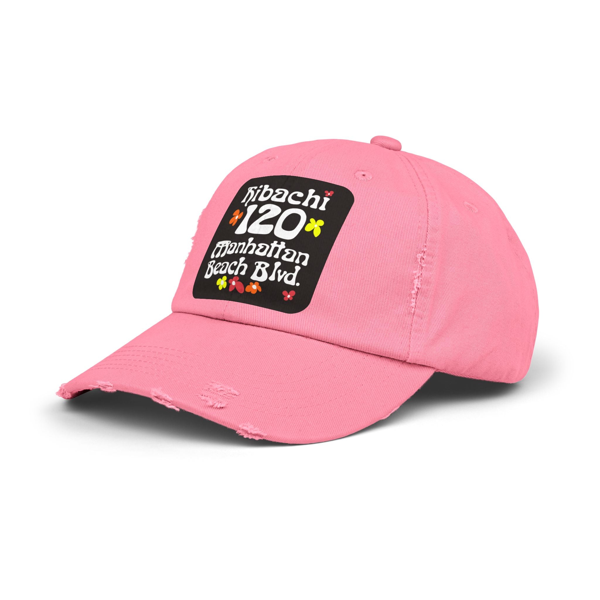 Distressed Cap — Hibachi 120 Manhattan Beach Blvd. Retro Floral Hat "Gone But Not Forgotten" #OldSchool