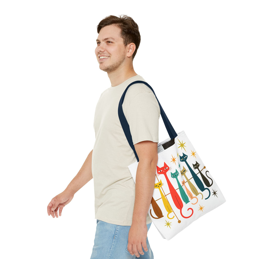 Retro Long Cats Tote Bag | Colorful Mid-Century Cat Pattern