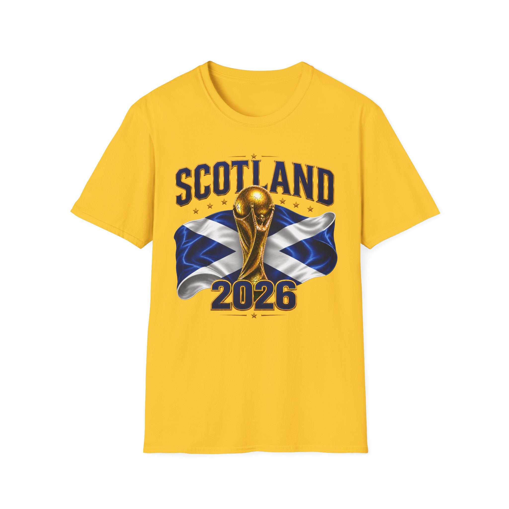 Scotland 2026 World Cup Soccer T-Shirt — Scottish Flag & Trophy Football Tee