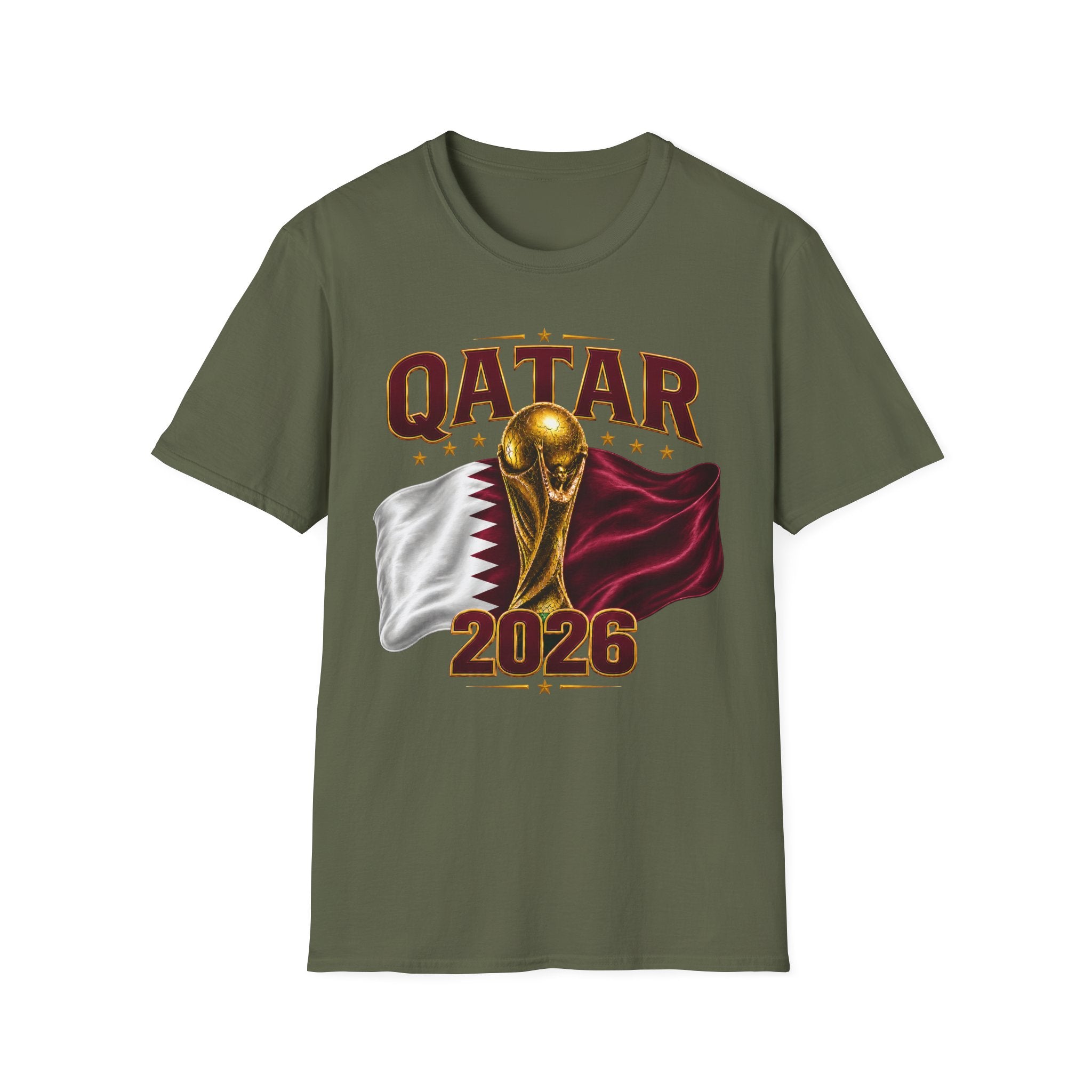Qatar 2026 World Cup T-Shirt — Golden Trophy & Flag Soccer Tee
