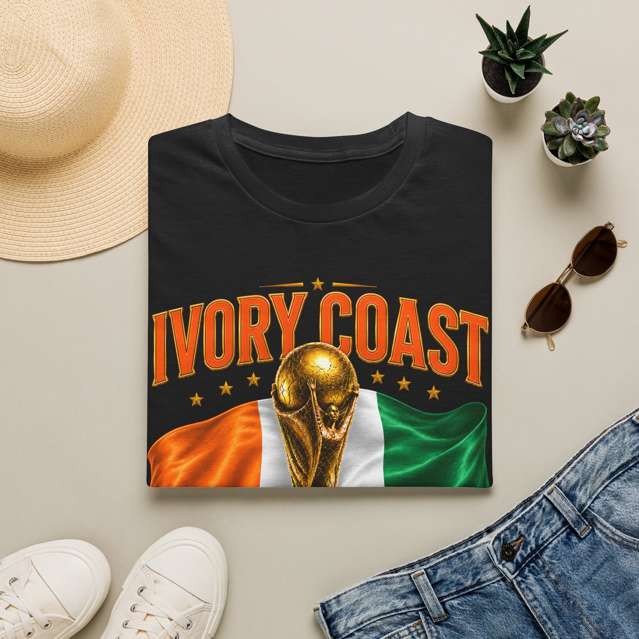 Ivory Coast 2026 World Cup T‑Shirt — FIFA Trophy & Flag Soccer Fan Tee