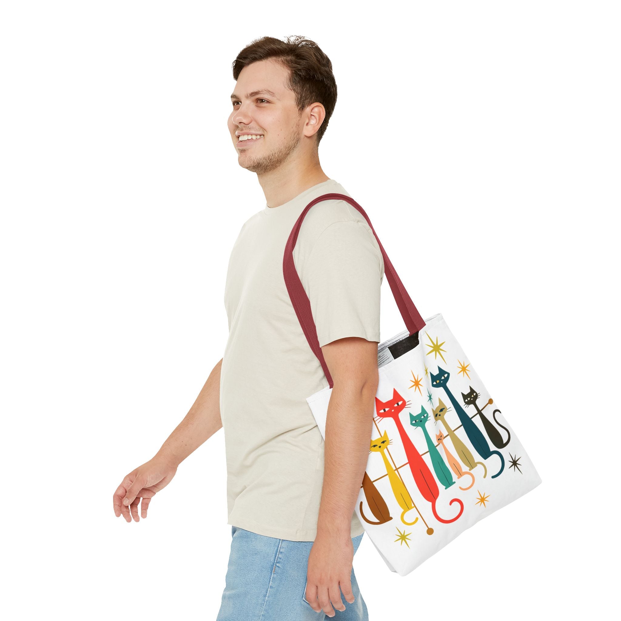 Retro Long Cats Tote Bag | Colorful Mid-Century Cat Pattern