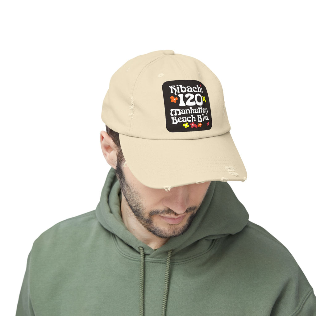 Distressed Cap — Hibachi 120 Manhattan Beach Blvd. Retro Floral Hat "Gone But Not Forgotten" #OldSchool