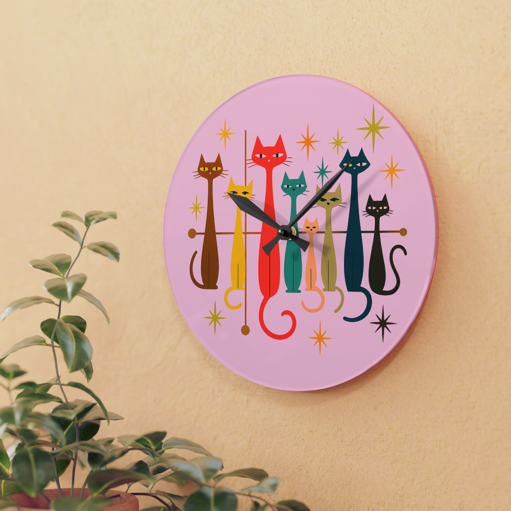 Retro Mid-Century Stylized Cats Acrylic Wall Clock | Pink Atomic Starburst