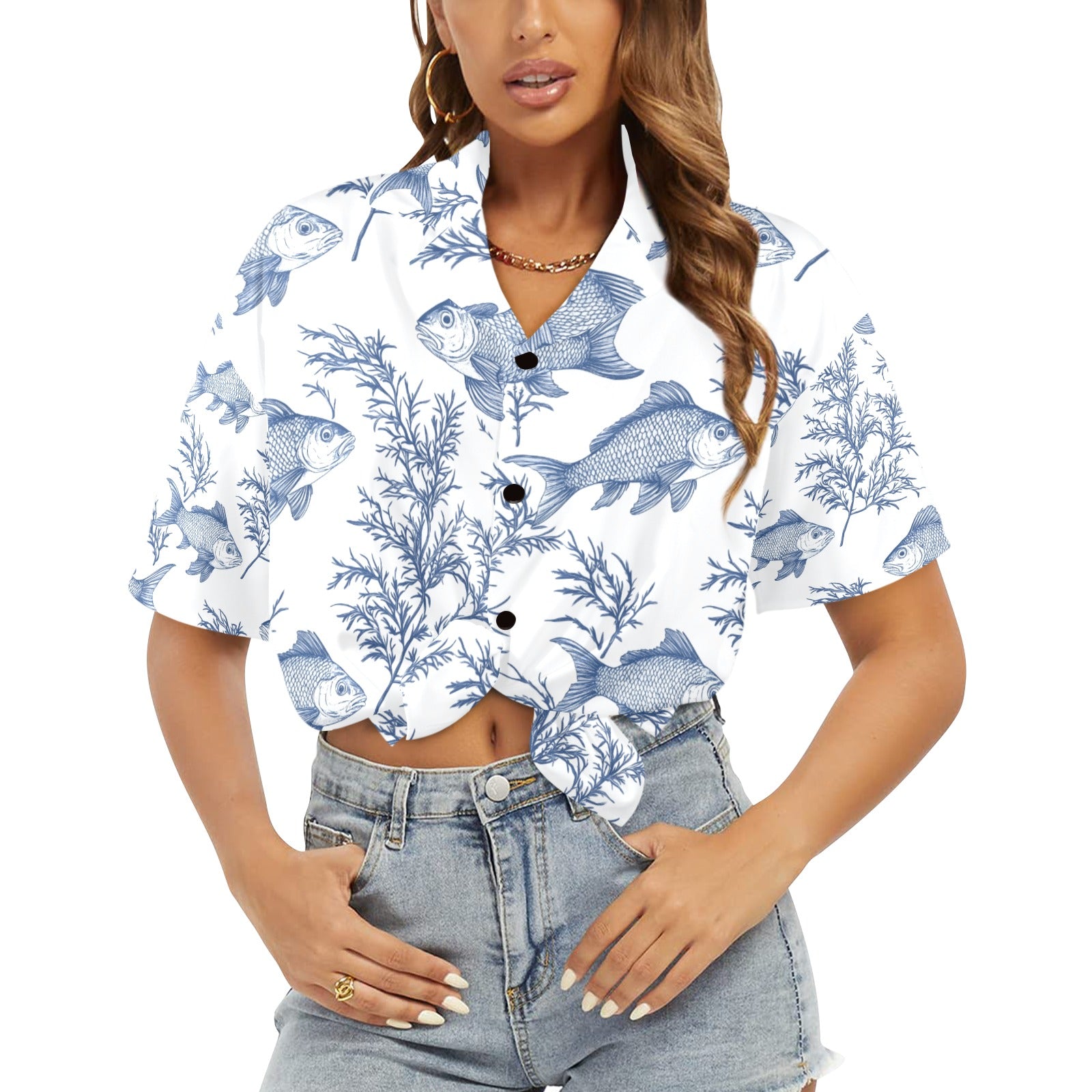 Sea Life Nautical Women's All Over Print Hawaiian Shirt Made in USA
