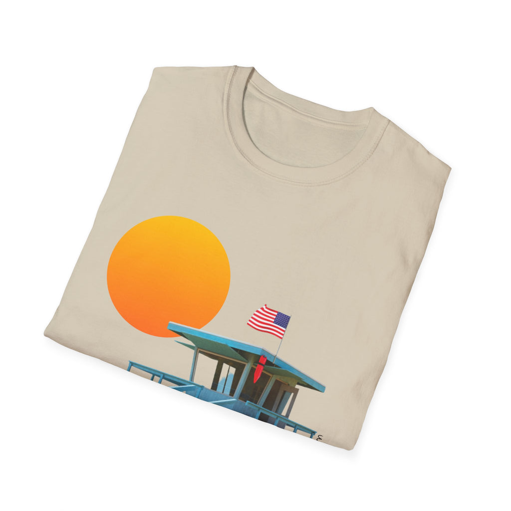 South Bay Lifeguard Stand with American Flag Beach Scene M/W Softstyle T-Shirt