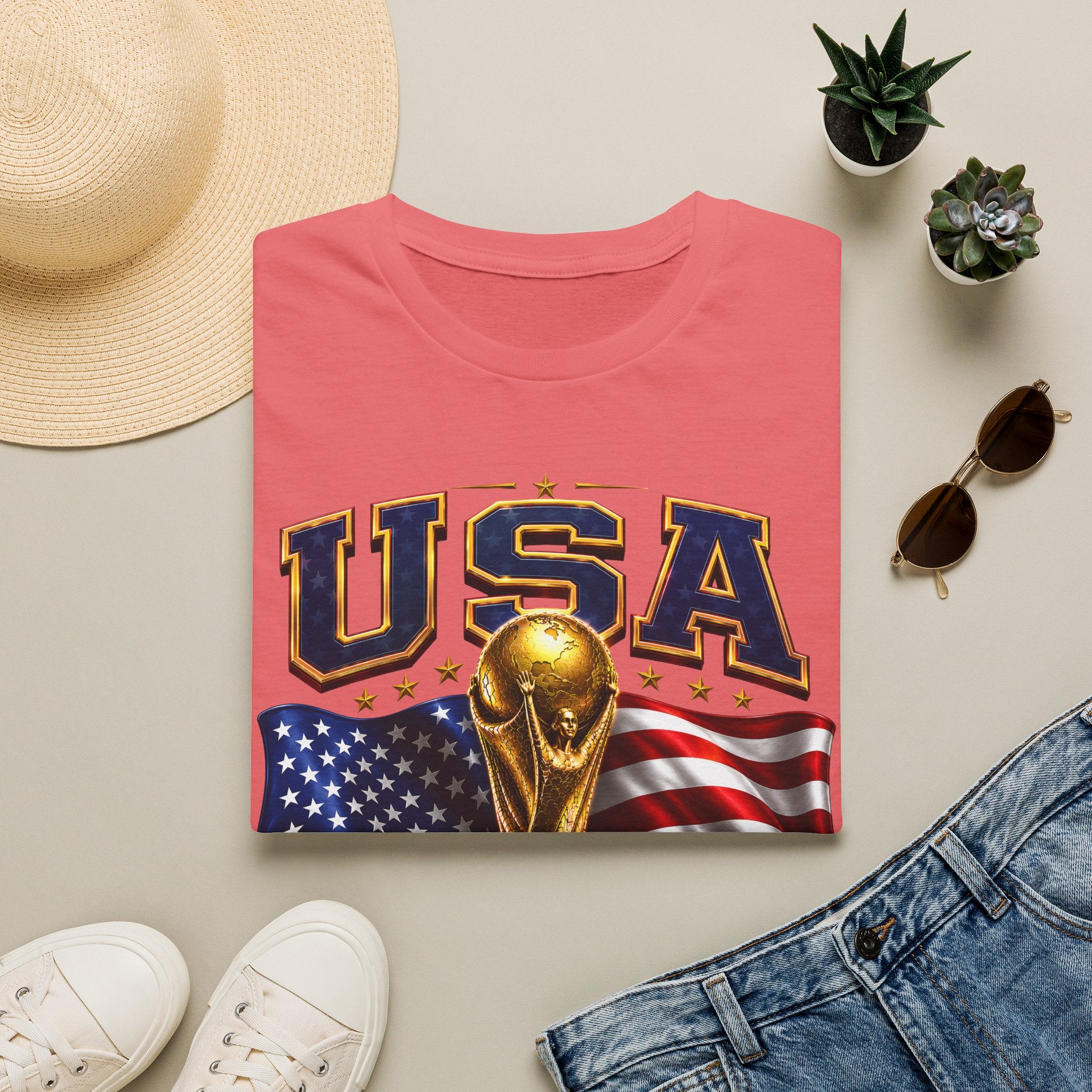 USA World Cup 2026 Soccer T-Shirt – American Flag & Trophy Design