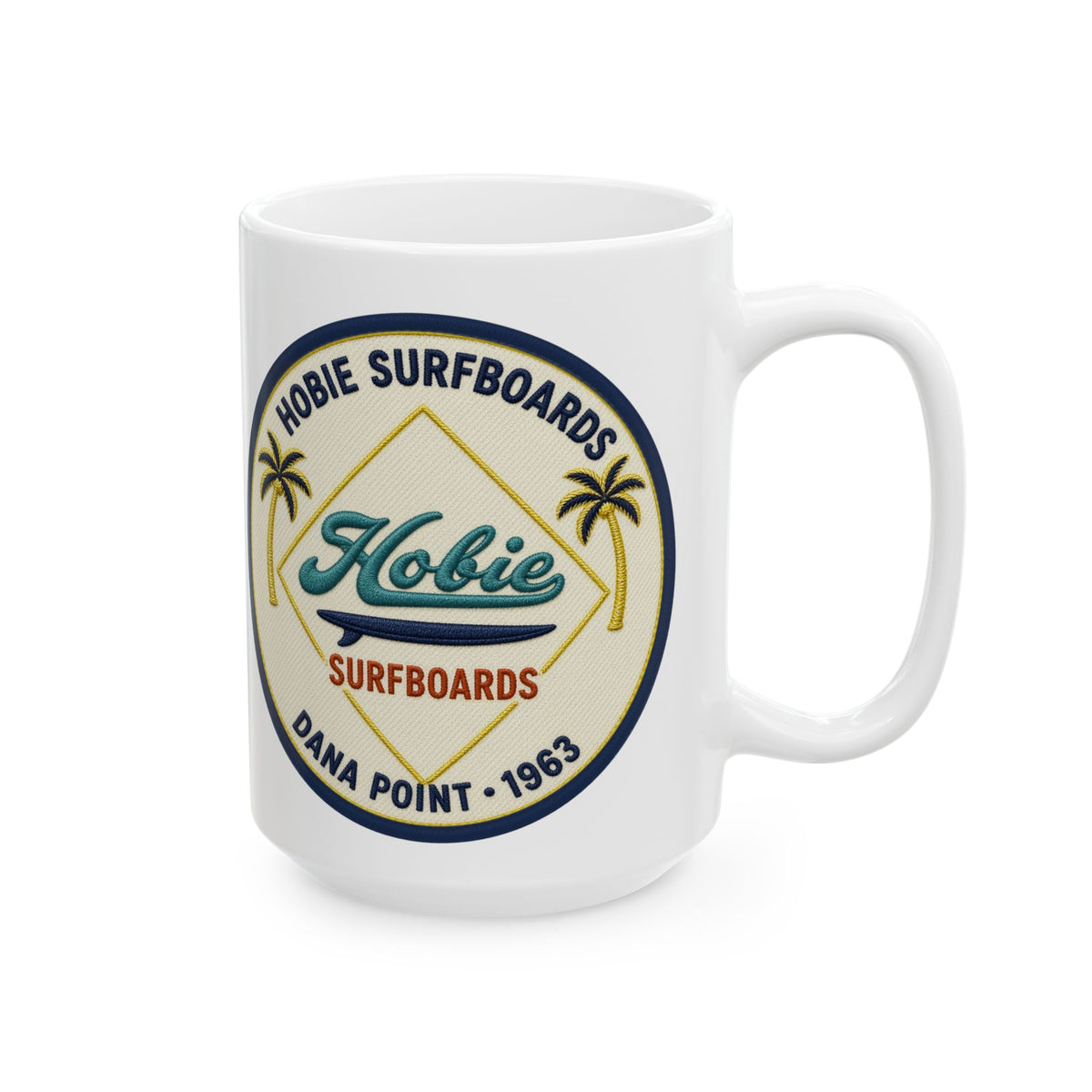 Vintage Beach Club Hobie Surfboards Ceramic Mug – Retro Palm Tree Surf Emblem Since 1963  (11oz, 15oz)