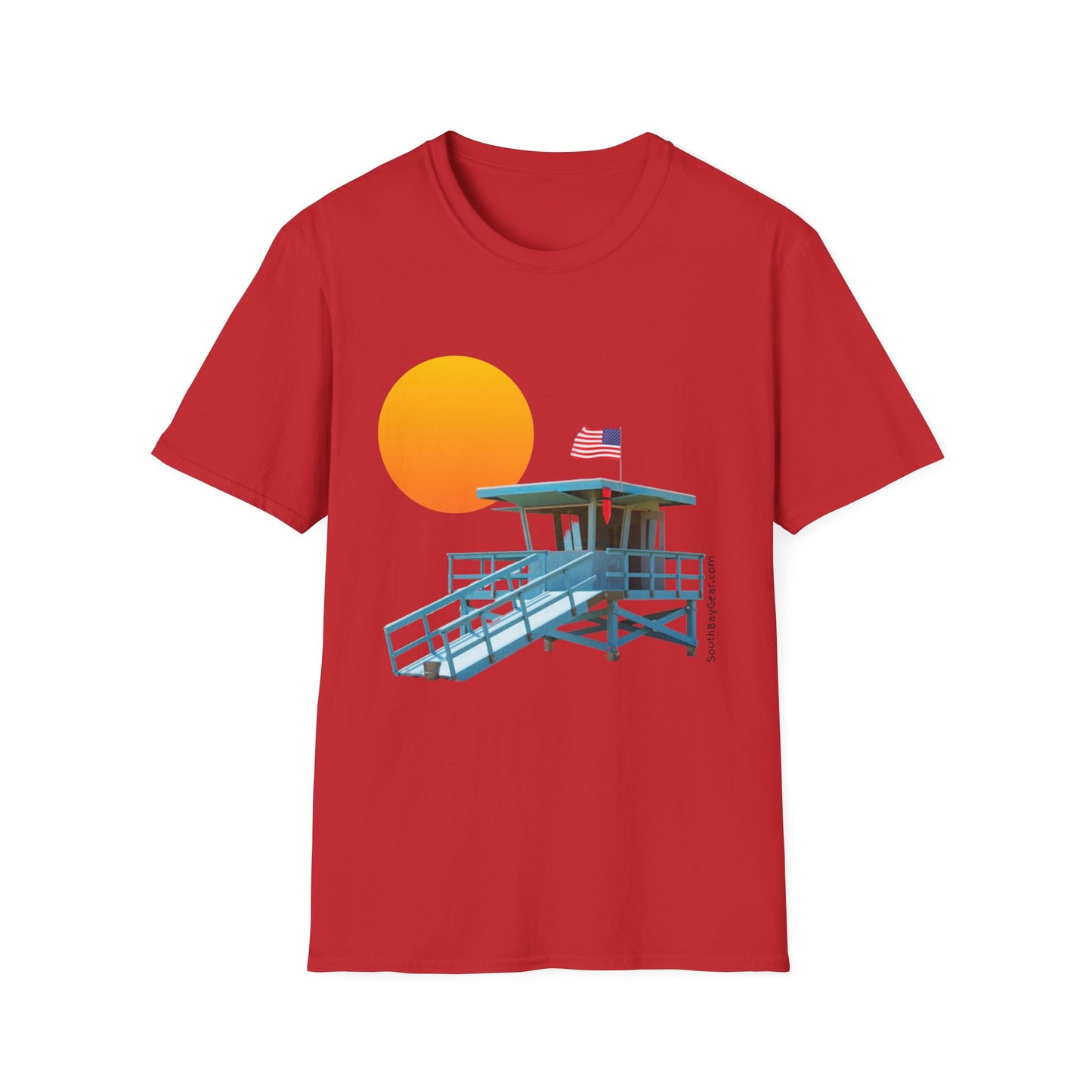 South Bay Lifeguard Stand with American Flag Beach Scene M/W Softstyle T-Shirt