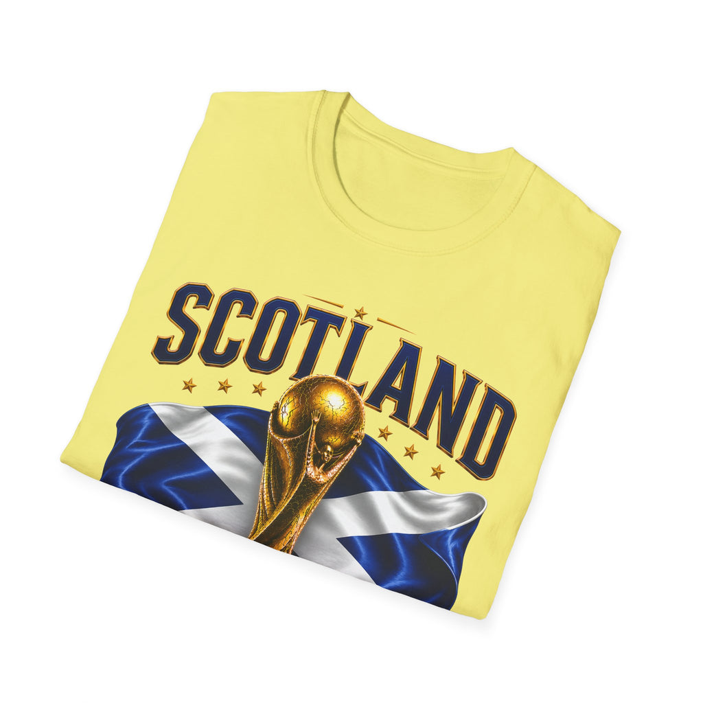Scotland 2026 World Cup Soccer T-Shirt — Scottish Flag & Trophy Football Tee