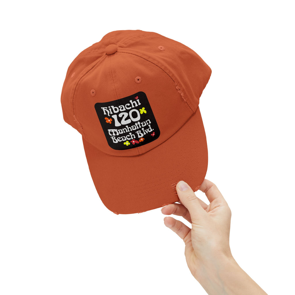 Distressed Cap — Hibachi 120 Manhattan Beach Blvd. Retro Floral Hat "Gone But Not Forgotten" #OldSchool