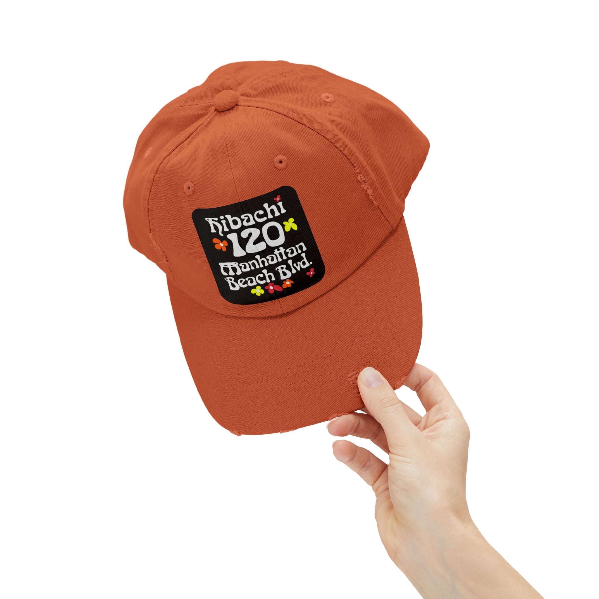 Distressed Cap — Hibachi 120 Manhattan Beach Blvd. Retro Floral Hat "Gone But Not Forgotten" #OldSchool