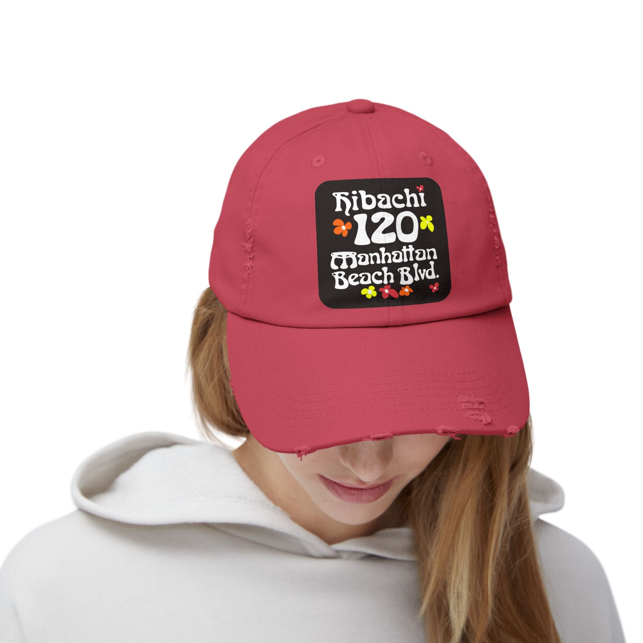 Distressed Cap — Hibachi 120 Manhattan Beach Blvd. Retro Floral Hat "Gone But Not Forgotten" #OldSchool