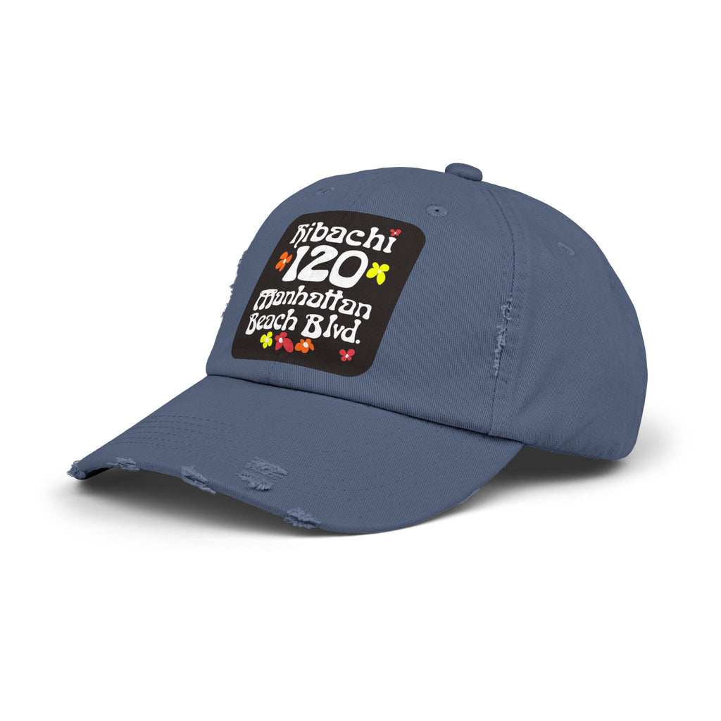 Distressed Cap — Hibachi 120 Manhattan Beach Blvd. Retro Floral Hat "Gone But Not Forgotten" #OldSchool