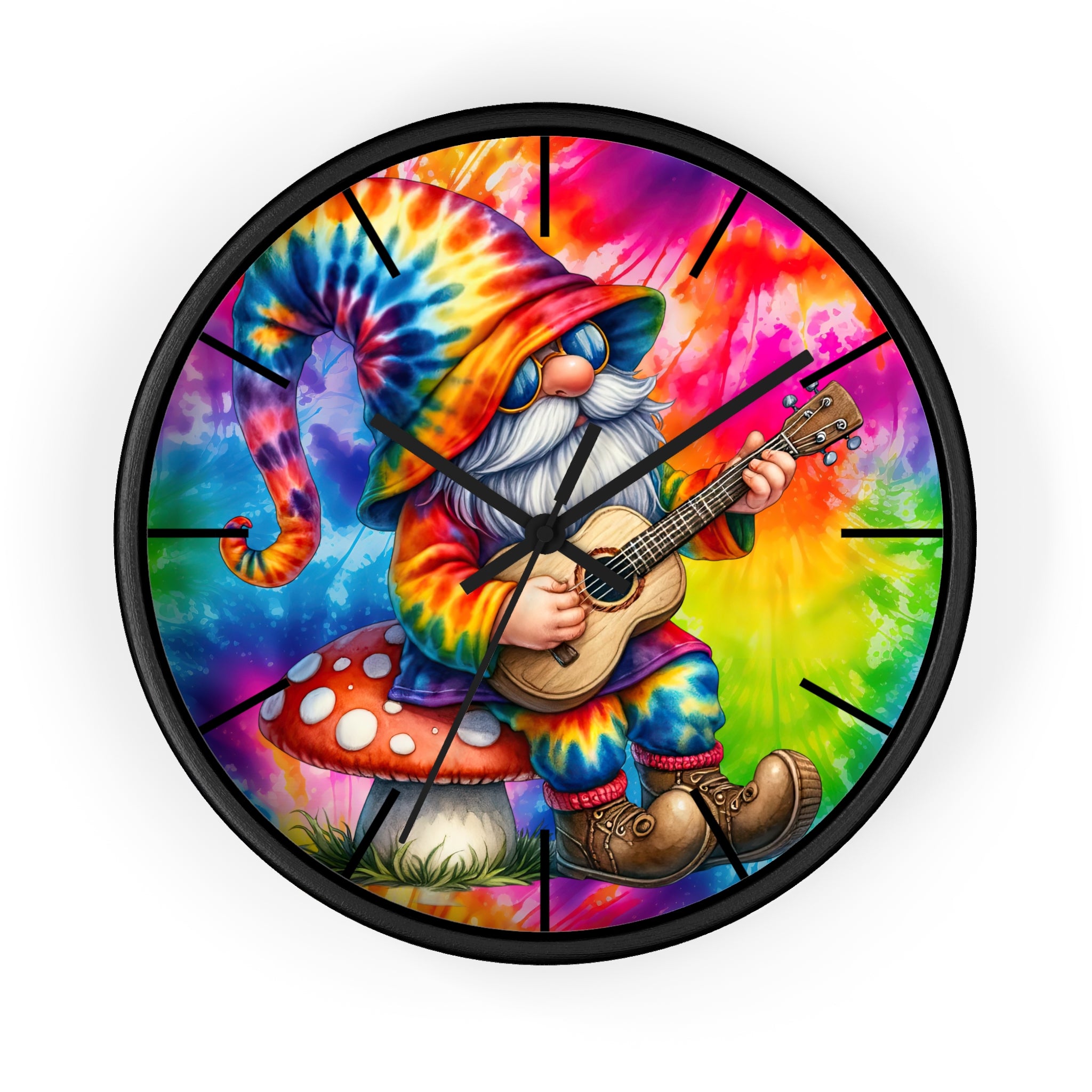 Tie-Dye Gnome Wall Clock — Psychedelic Mushroom Guitar Decor