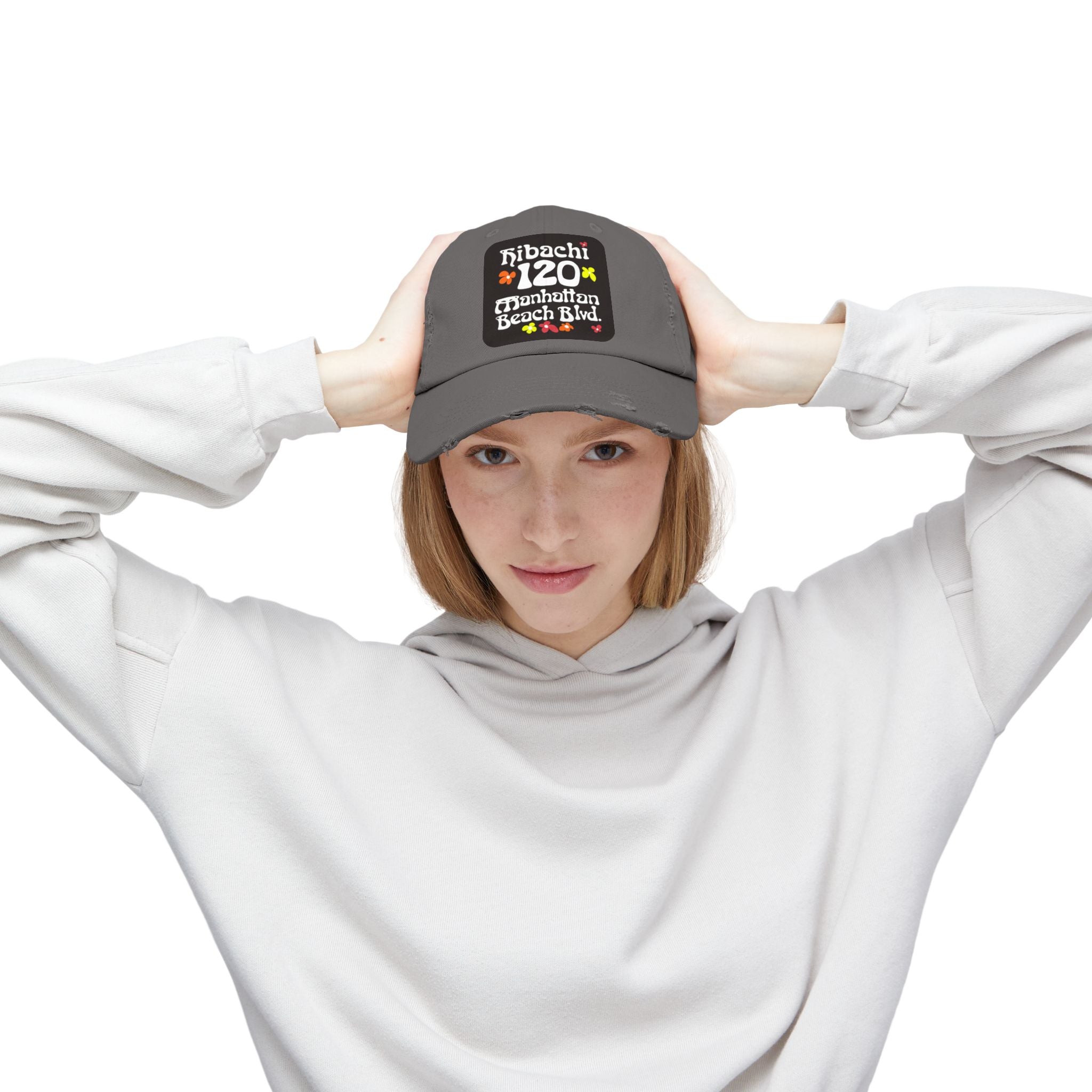 Distressed Cap — Hibachi 120 Manhattan Beach Blvd. Retro Floral Hat "Gone But Not Forgotten" #OldSchool