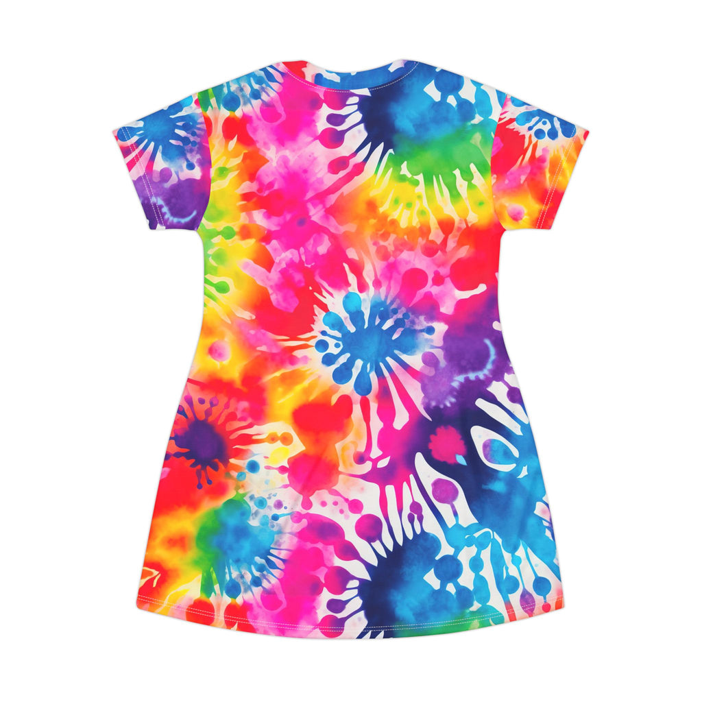 Tie-Dye Splash T-Shirt Dress — Colorful All-Over Print Summer Dress