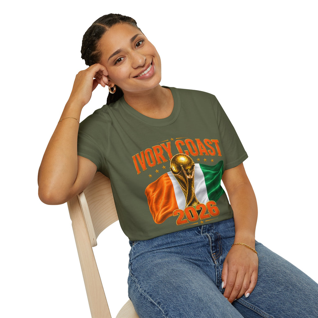 Ivory Coast 2026 World Cup T‑Shirt — FIFA Trophy & Flag Soccer Fan Tee