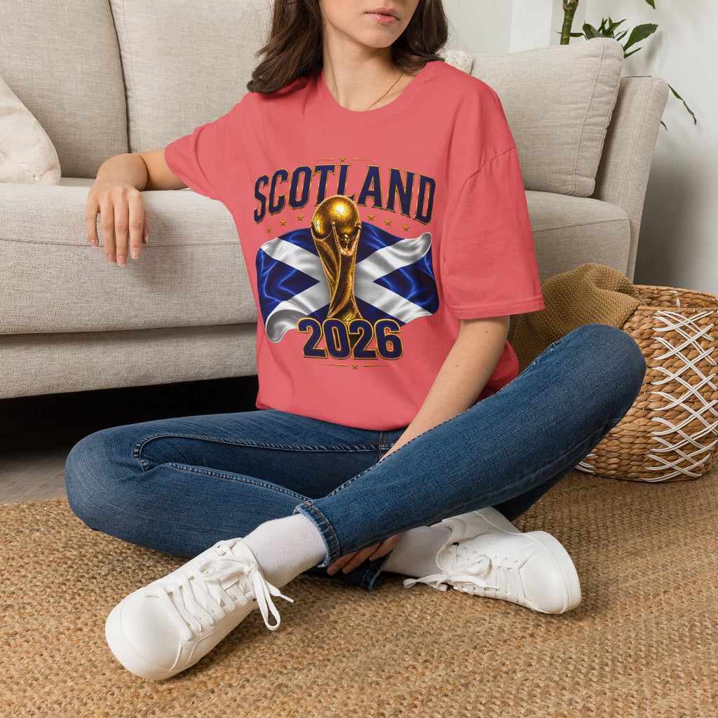 Scotland 2026 World Cup Soccer T-Shirt — Scottish Flag & Trophy Football Tee