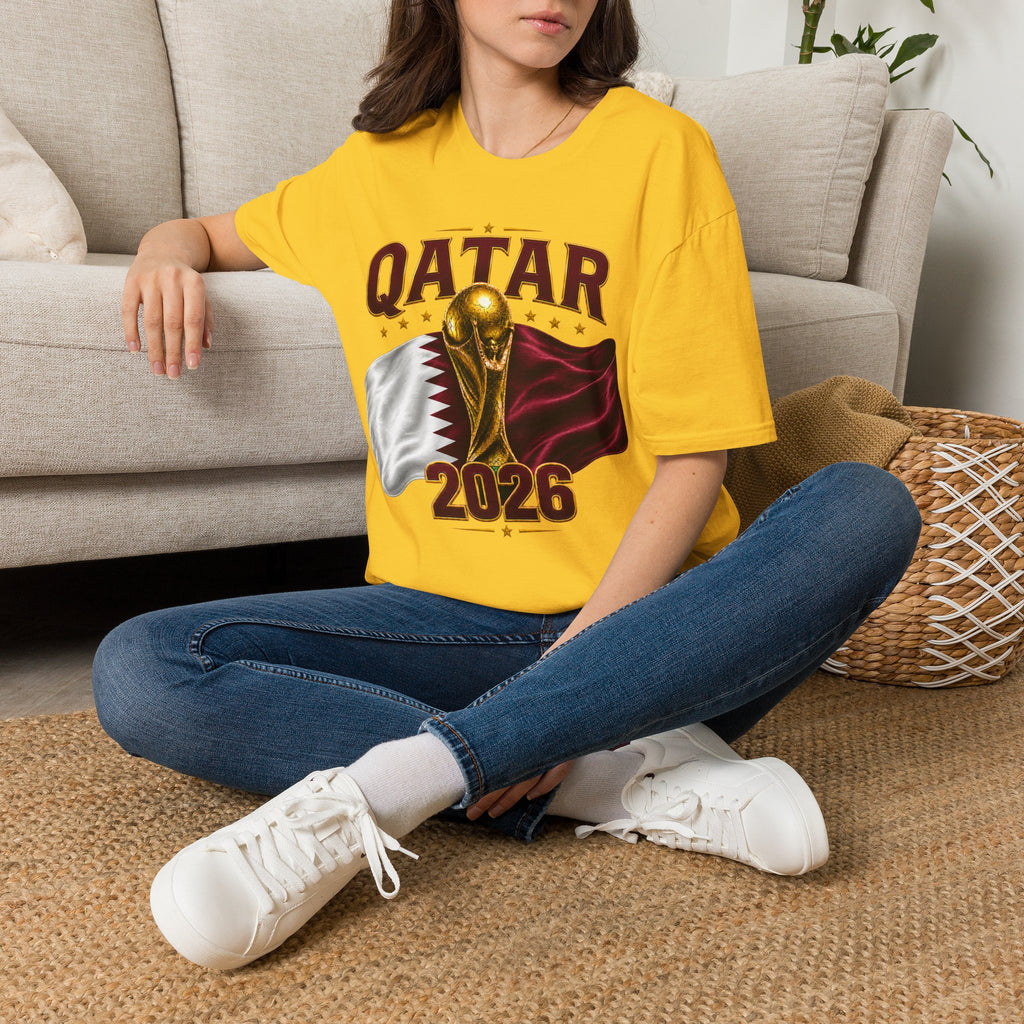 Qatar 2026 World Cup T-Shirt — Golden Trophy & Flag Soccer Tee