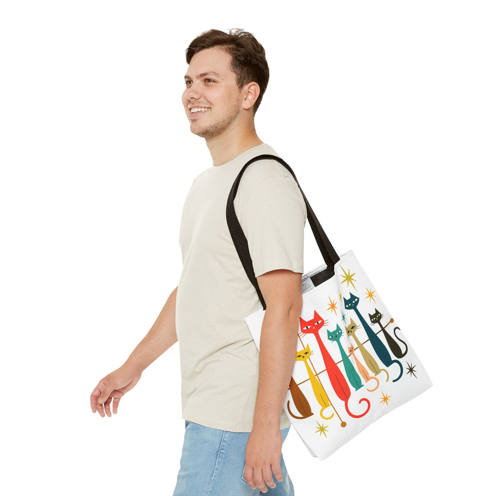 Retro Long Cats Tote Bag | Colorful Mid-Century Cat Pattern