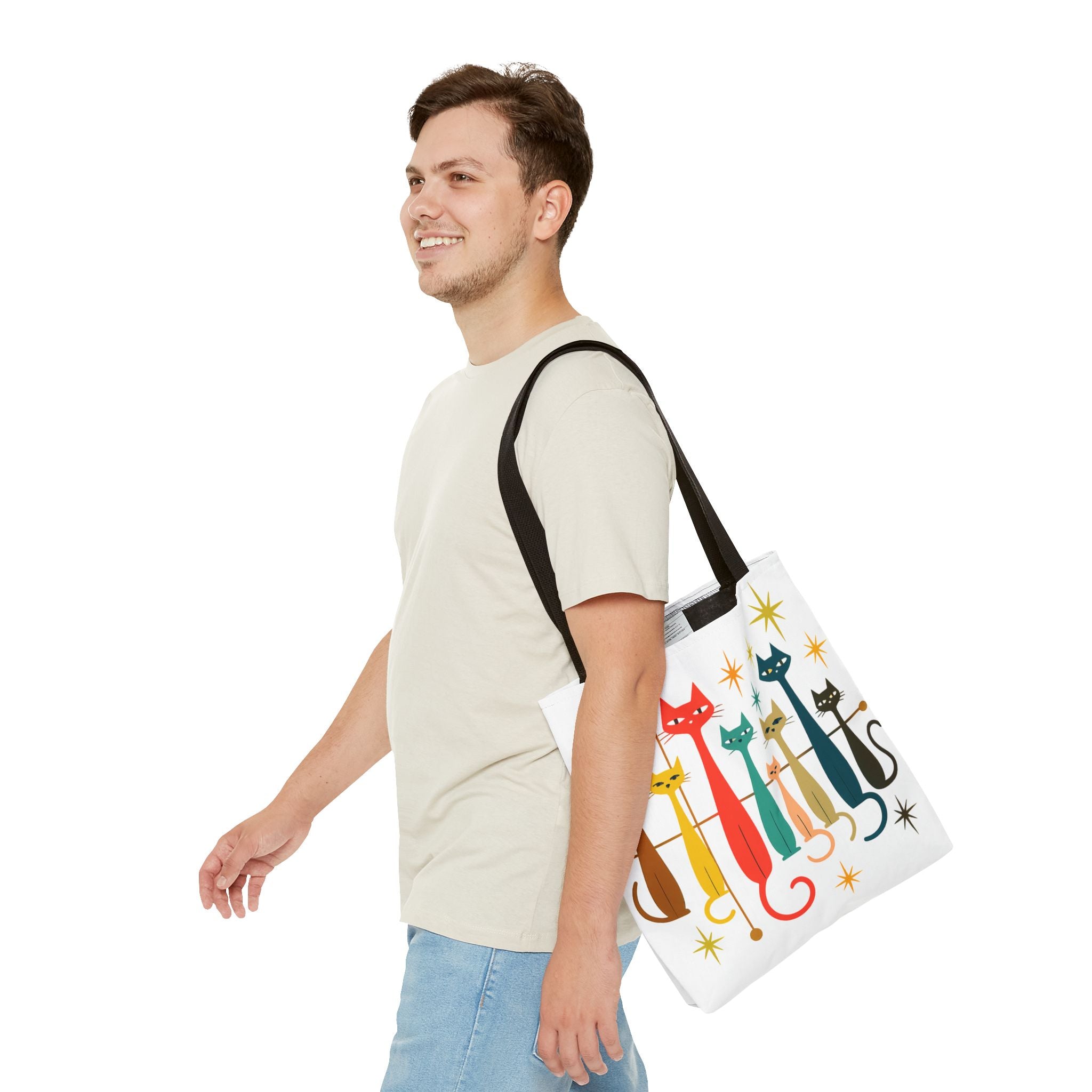 Retro Long Cats Tote Bag | Colorful Mid-Century Cat Pattern
