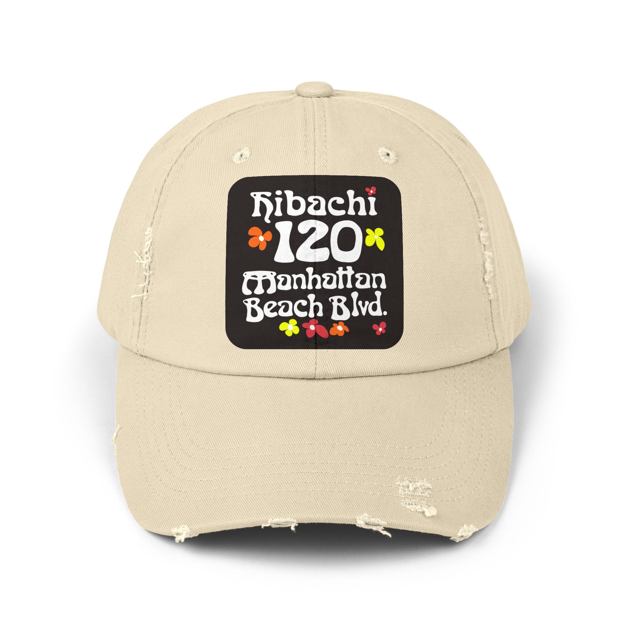 Distressed Cap — Hibachi 120 Manhattan Beach Blvd. Retro Floral Hat "Gone But Not Forgotten" #OldSchool