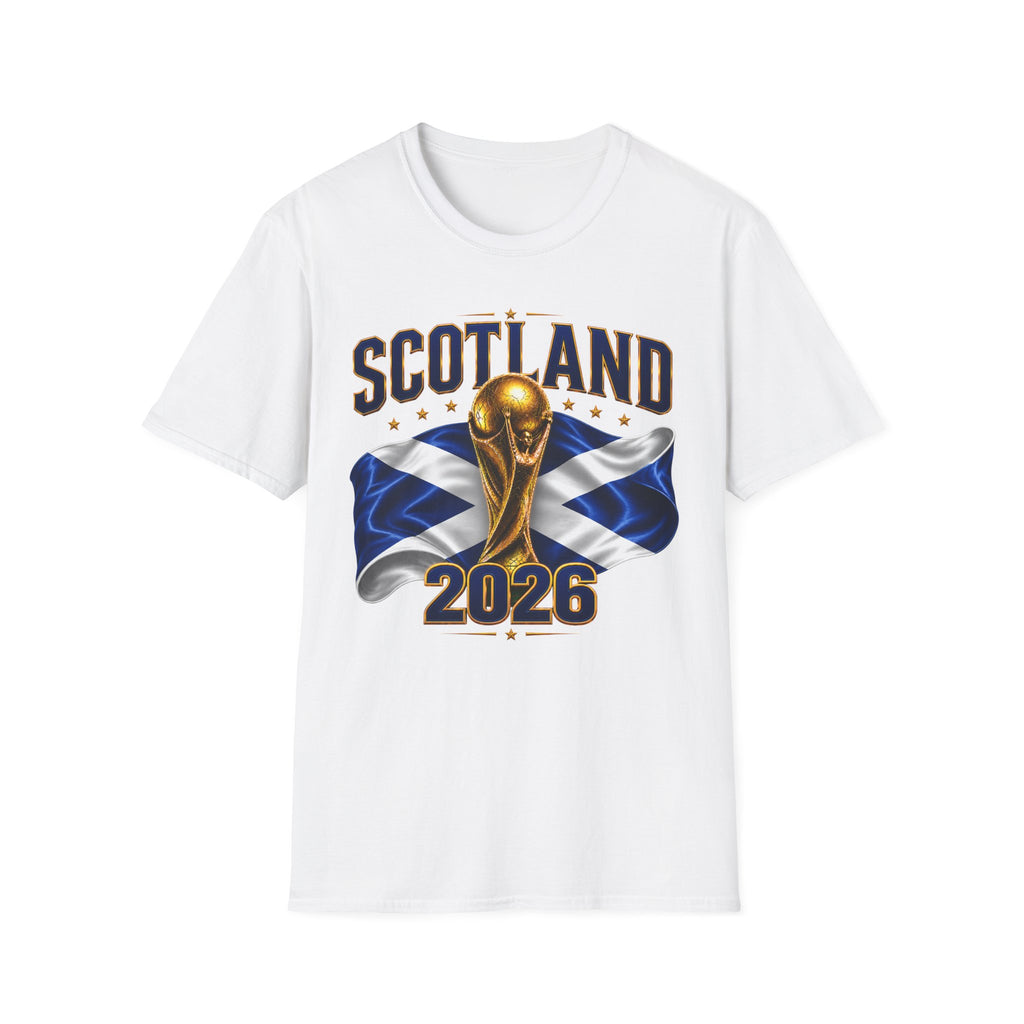 Scotland 2026 World Cup Soccer T-Shirt — Scottish Flag & Trophy Football Tee
